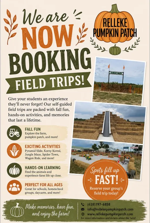 Relleke field trip flyer: now booking field trips, with activities and details